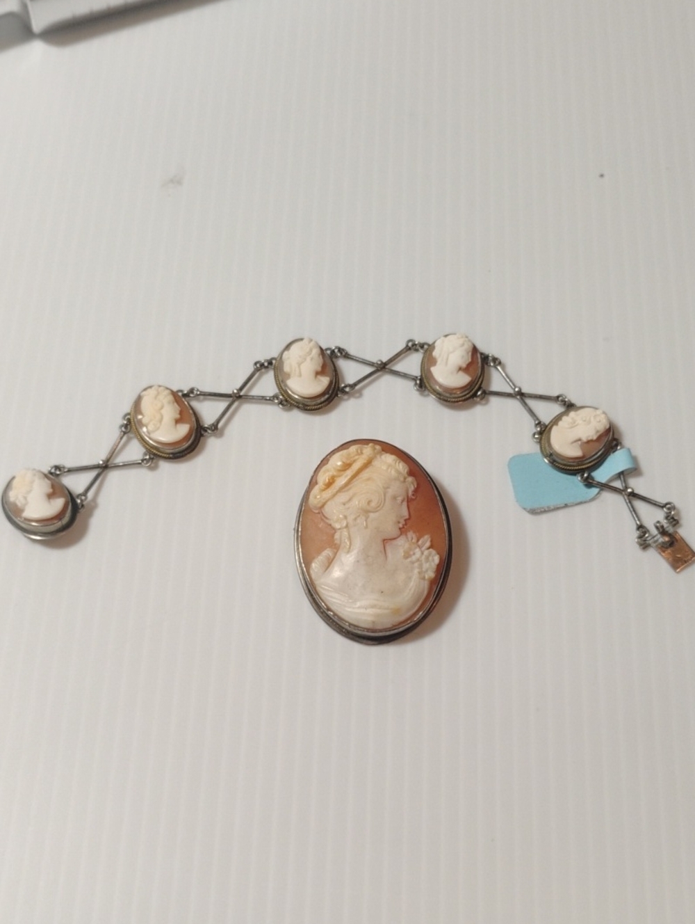 925 Sterling Silver Vintage Cameo Brooch With Bracelet 7"